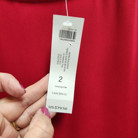 Chicos Womens Bell Sleeve Blouse Size M Scoop Neck Red Ruffle Career NWT - Picture 5 of 12